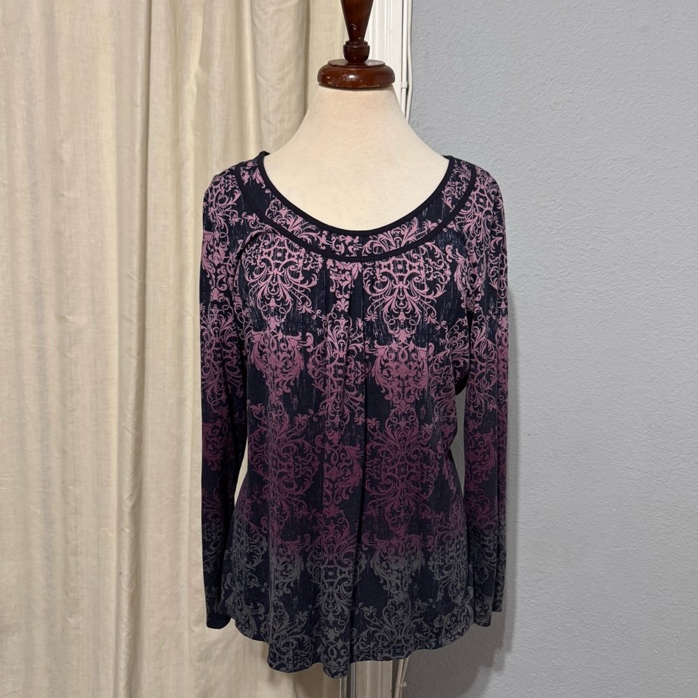 Liz & Co Women Elegant Pink & Black Long Sleeve Relaxed Fit Paisley Top Size XXL